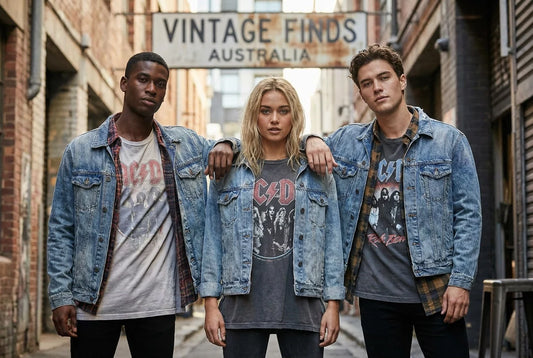 Professional header image for list-based article: Vintage Graphic Tees in Australia: Why Faded Prints Are t...