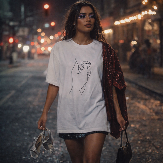 Girl wears tshirt bite my finger