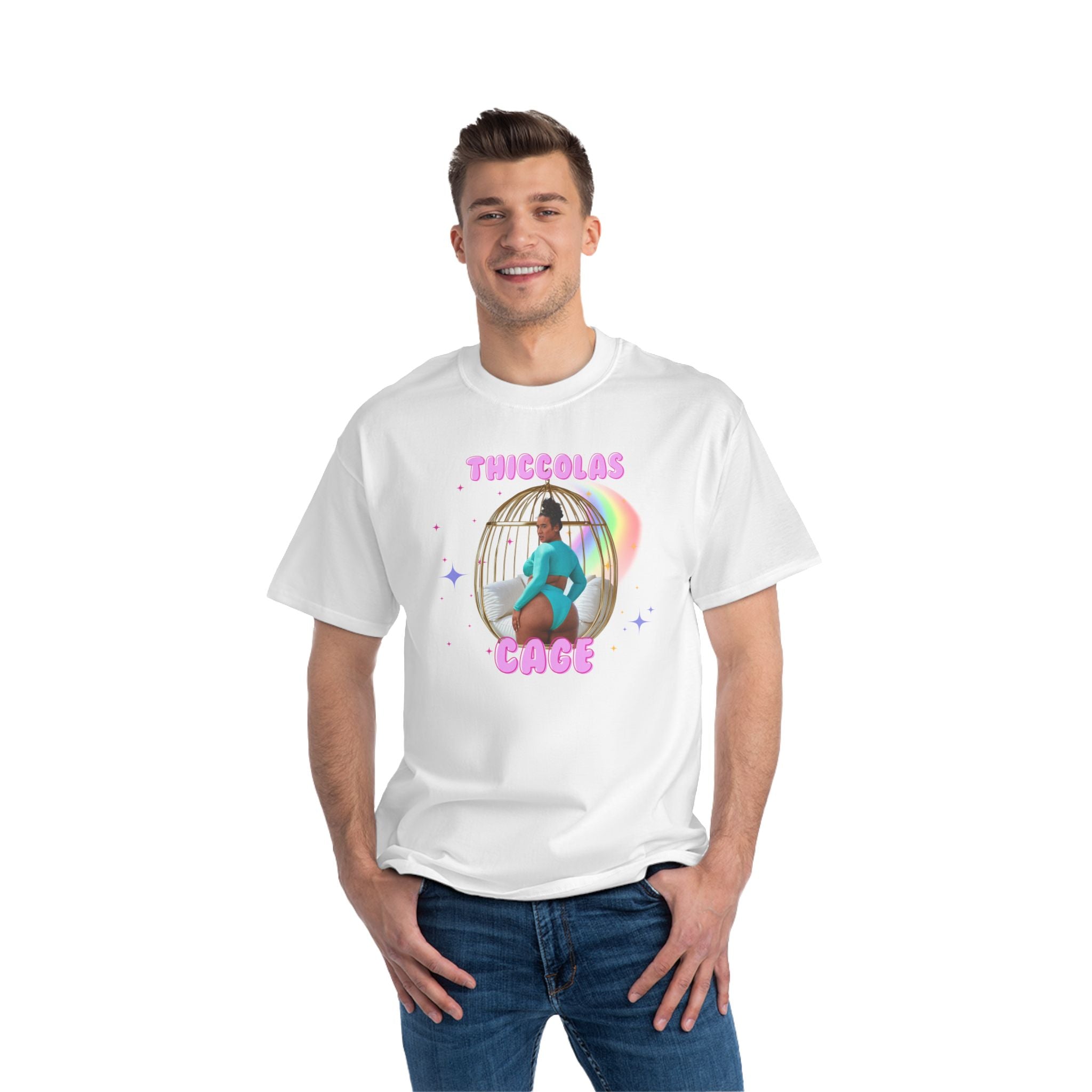 Thiccolas Cage Rainbow Stars Funny T-Shirt - Dumb But Trendy